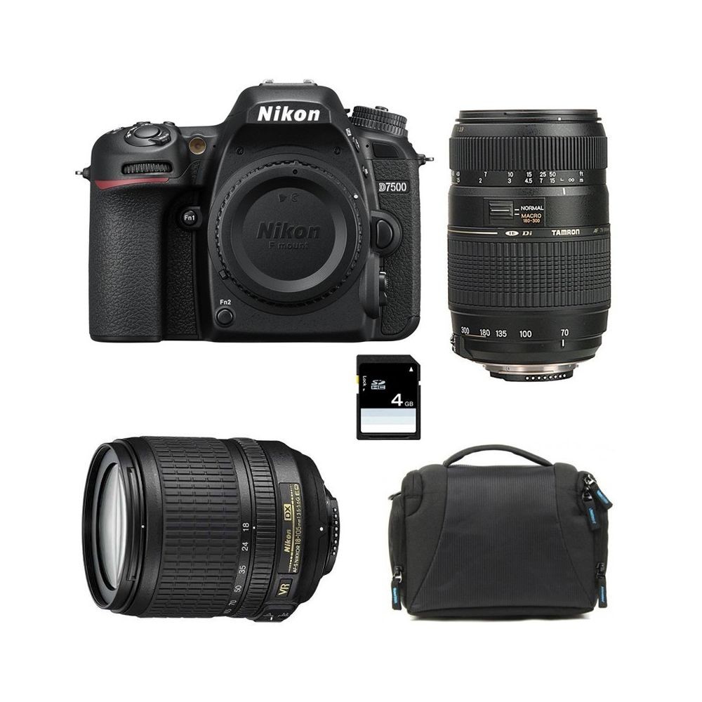 Reflex Grand Public Nikon PACK NIKON D7500 + 18-105 VR + TAMRON 70-300 DI + Sac + Carte SD 4Go