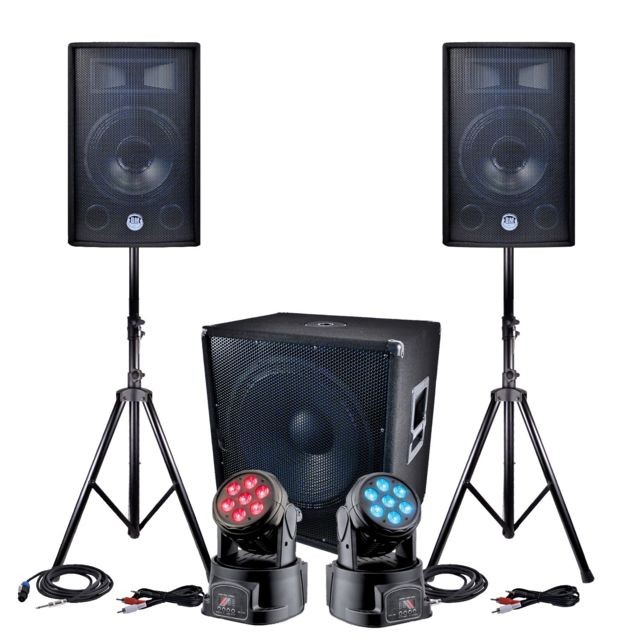 Packs DJ Bm Sonic Pack sono 2400W - 2 Enceintes 30cm + Sub 46cm + Câbles + 2 Lyres à LEDs DMX RVB + BLANC 4W
