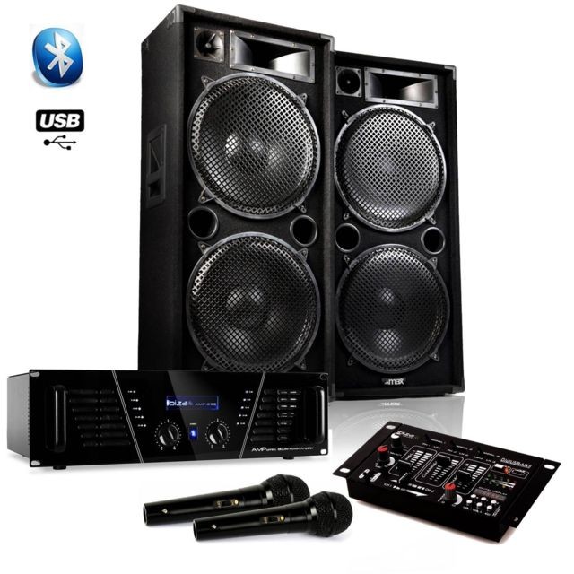 Skytec -PACK SONO 4000W DJ PA BAR CLUB Karaoké Max215 + Ampli AMP-800 1200W + Table de Mixage USB MP3 Bluetooth + 2 MICROS Skytec  - Sonorisation