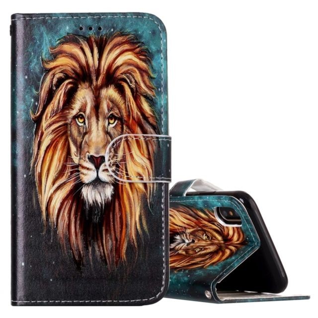 Coque, étui smartphone Wewoo Coque pour iPhone X Housse en cuir à rabat avec motif de lion en relief avec porte-cartes et fentes cartes porte-monnaie cadre photo