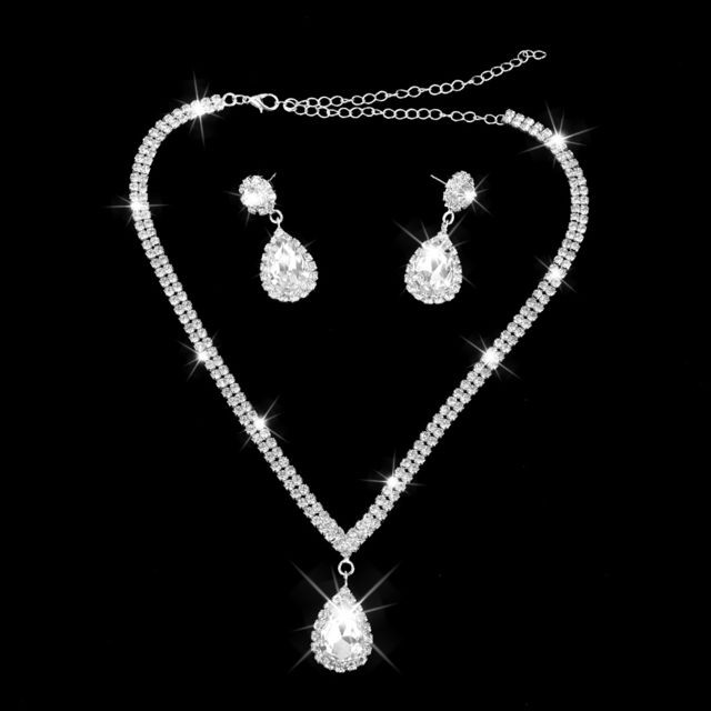 Perles Parure Collier et Boucles d'Oreilles Goutte D'eau Strass+Diadèmre Princesse Set Bijoux Pour Mariage