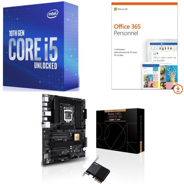 Intel - Core i5-10600K - 4.1/4.8 GHz + INTEL Z490 ProART Z490-CREATOR 10G - ATX + Office 365 Personnel 1 utilisateur PC / MAC - 1 an Intel   - Processeur Intel core i5