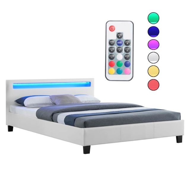 Idimex Lit double pour adulte PINOT avec sommier 140x190 cm 2 places 2 personnes, tête de lit avec LED intégrées, en synthétique blanc