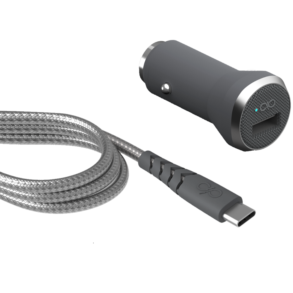 Force Power Chargeur Voiture Fast & Smart 1 port USB 2.4A + câble renforcé USB-C 1.2m - Charge Rapide et intelligente