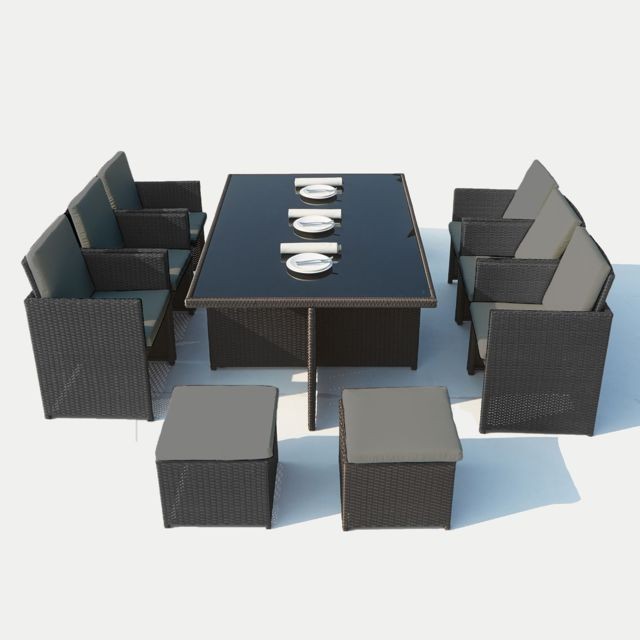 Concept Usine - Salon de jardin encastrable Monaco 10 places en résine tressée gris/noir - Ensembles tables et chaises 10 places