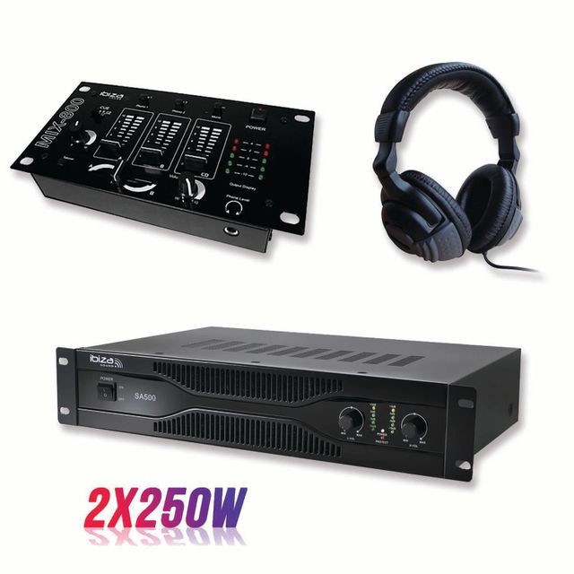 Ibiza Sound - Pack sonorisation amplificateur 500W SA500 + Table de mixage 3 voies 5 entrées + Casque - Entrees