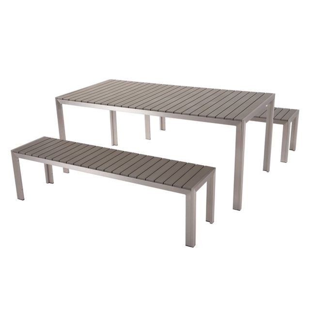 Ensembles canapés et fauteuils Beliani Table de jardin et bancs en bois composite gris 180 cm NARDO
