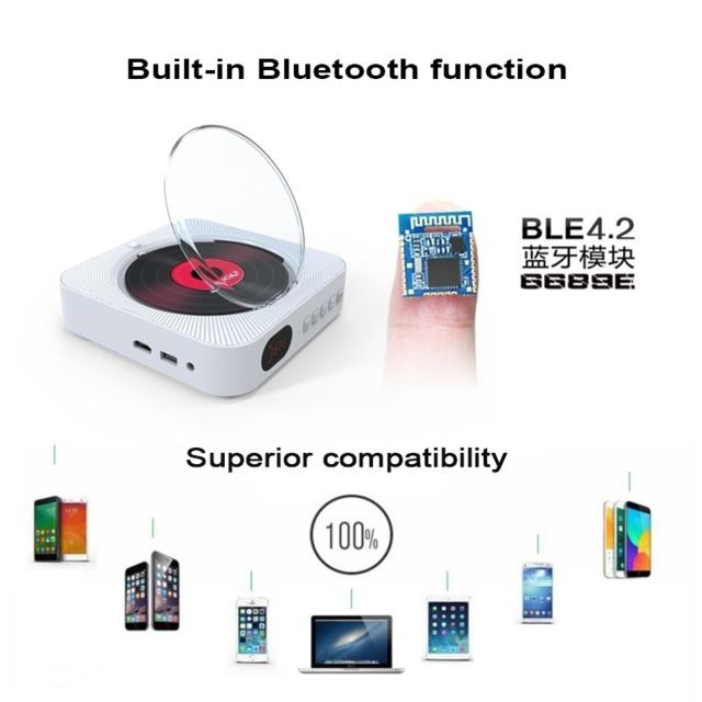 Wewoo Lecteur DVD portable Bluetooth 4.2 + EDR à montage mural avec télécommande, support FM (blanc)