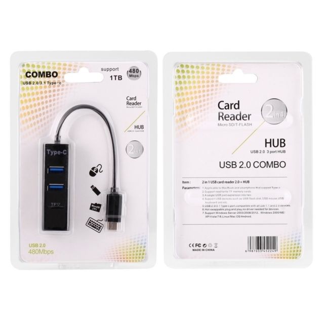 Hub 2 en 1 USB 3.1 noir USB-C / Type-C vers USB 2.0 COMBO 3 Ports HUB + lecteur de carte TF