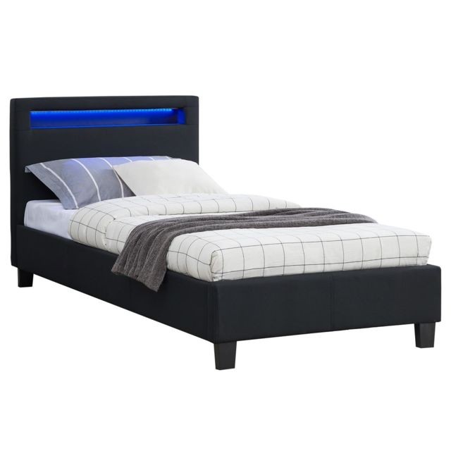 Idimex - Lit simple pour adulte ou enfant MOLINA avec sommier 90x190 cm 1 place 1 personne, tête de lit avec LED intégrées, en tissu noir - Cadres de lit