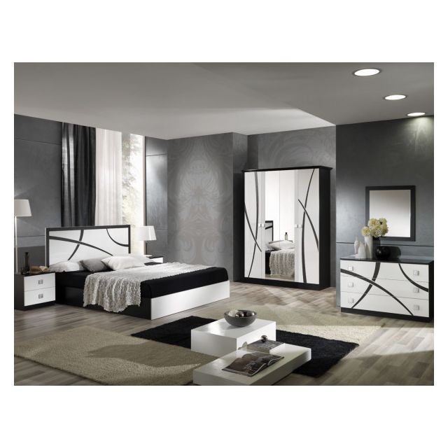 Dansmamaison - Chambre complète 160*200 Blanc/Noir - CROSS - L 165 x l 206 x H 106 cm - Chambre complète Blanc casse