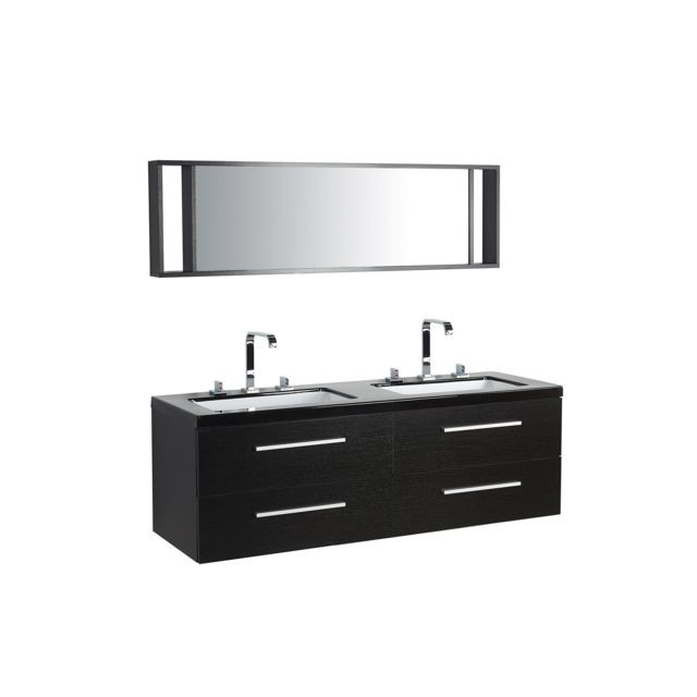 Beliani - Meuble double vasque à tiroirs miroir inclus noir MALAGA Beliani  - Colonne de salle de bain Noir brillant