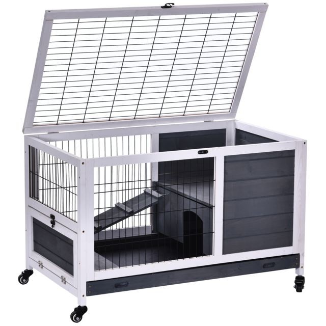 Clapier Clapier à lapin sur roulettes cage à lapin 2 étages porte verrouillable toit ouvrant plateau coulissant rampe bois de sapin gris blanc
