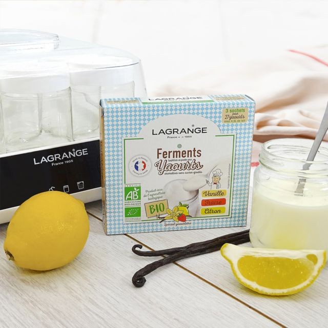 Lagrange - 3 sachets de ferments pour yaourts aromatisés sans sucres ajoutés - 385002 - Vanille/Fraise/Citron - Yaourtière