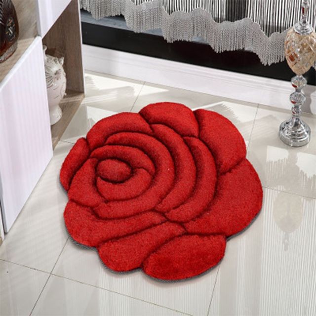 marque generique Effet 3d rose tapis de sol super doux fleur forme tapis décoratif rouge