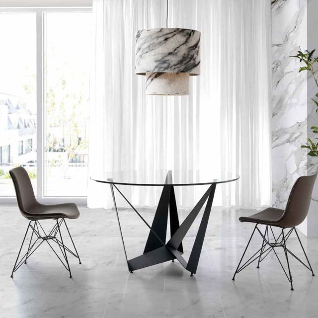 Nouvomeuble - Table ronde en verre et métal noir design EROS - Nouvomeuble
