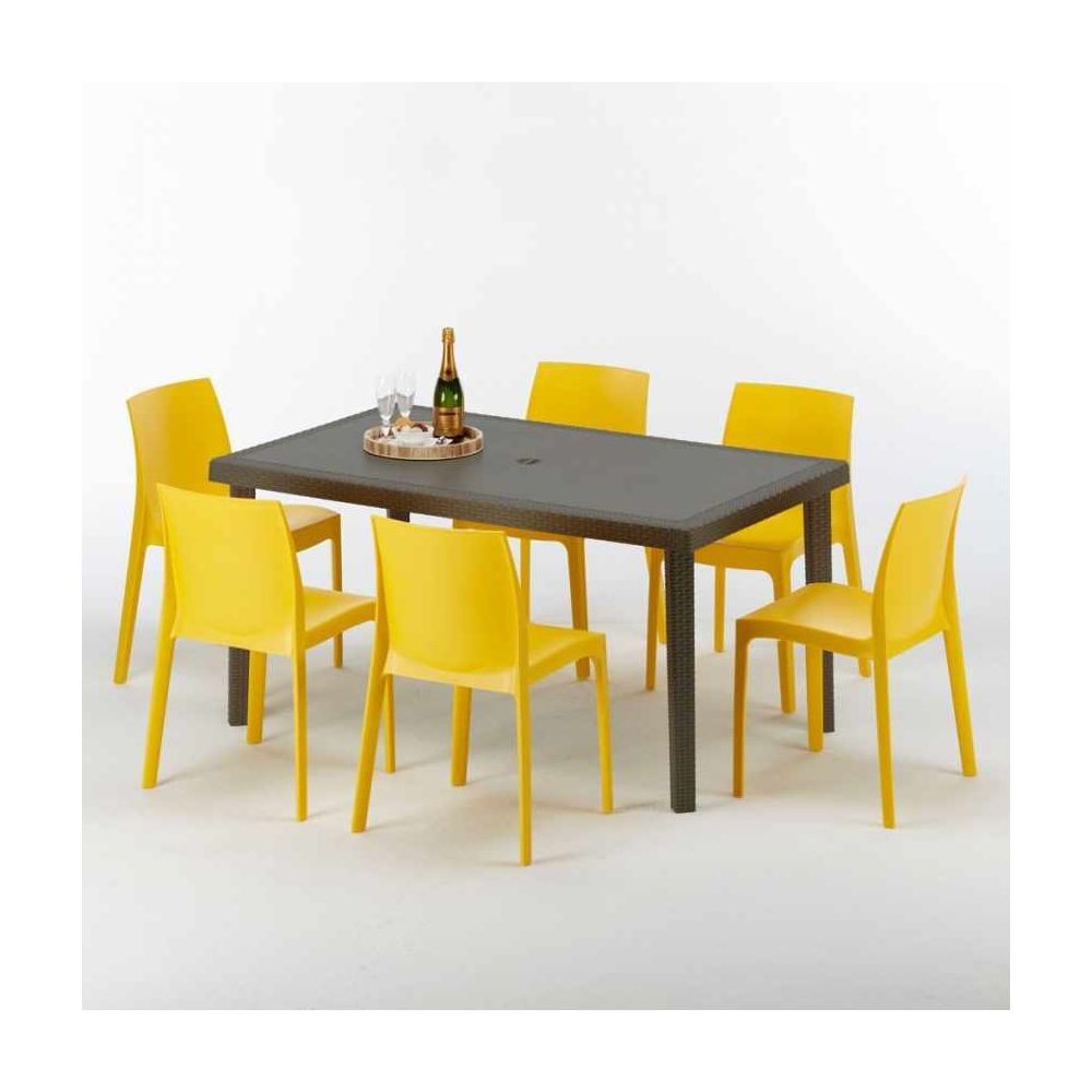 Grand Soleil Table rectangulaire 6 chaises Poly rotin resine 150x90 marron Focus, Chaises Modèle: Rome jaune