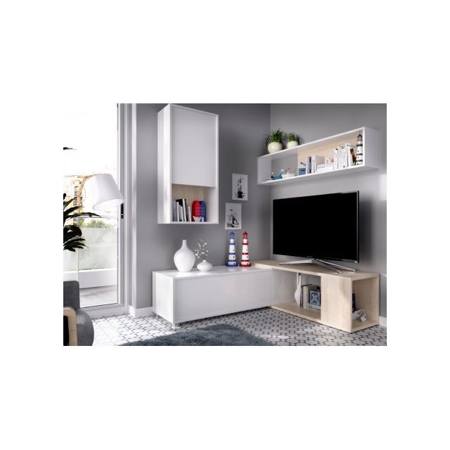 Vente-Unique - Mur TV modulable GAMBIE - avec rangements - Coloris : Blanc & Chêne - Meuble TV Blanc Meubles TV, Hi-Fi