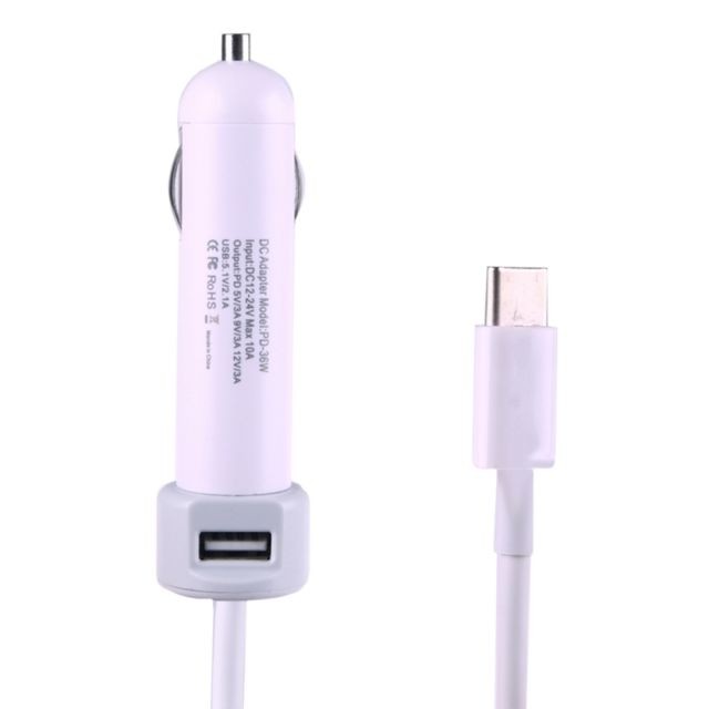 Câble USB Wewoo Pour Apple Macbook A1534, longueur: blanc 2m 36W 5V 9V 12V 15V 3A DC USB-C / Type-C adaptateur de voiture avec 1 port USB