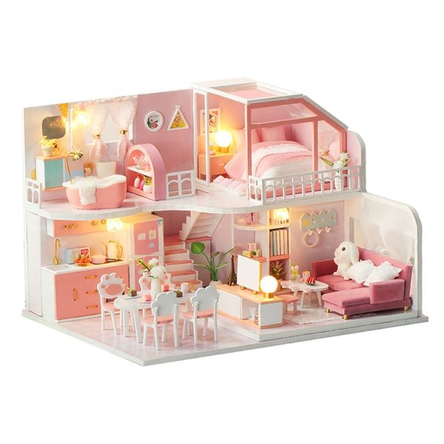 marque generique Kit Miniature De Maison De Poupée En Bois Bricolage Avec Meubles Et Lumière Pour Enfants Style Cadeau 3