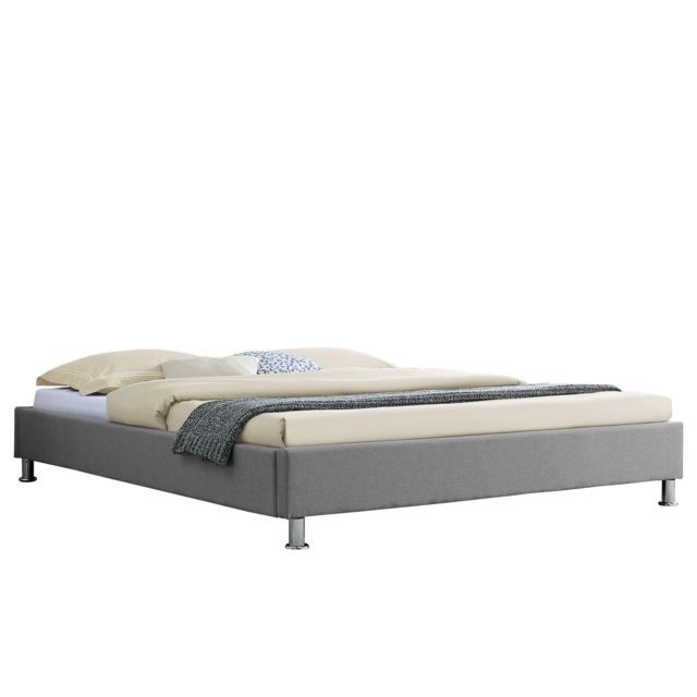 Idimex - Lit futon double pour adulte NIZZA queen size 160x200 cm 2 places / 2 personnes, avec sommier et pieds métal chromé, tissu gris - Cadres de lit Gris