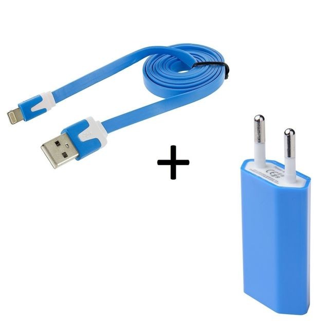 Shot - Cable Noodle 1m Chargeur + Prise Secteur pour IPAD Air APPLE USB Lightning Murale Pack (BLEU) Shot - Chargeur secteur téléphone
