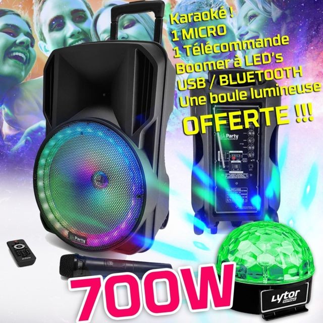 Party Sound - Enceinte PARTY KARAOKE 700W sono DJ portable sur Batterie Disco Mobile 12"" LED RGB USB Bluetooth RADIO FM + MIC + BOULE SIXMAGIC - Dj radio