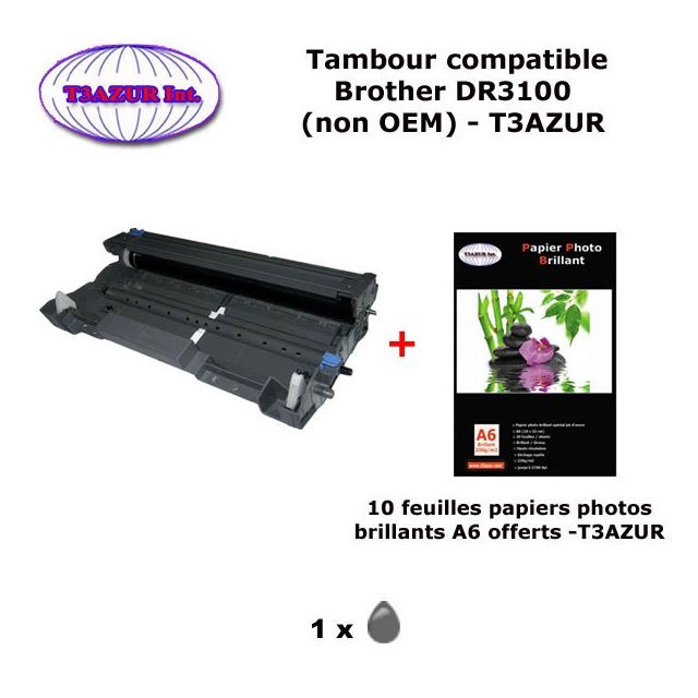 T3Azur - Tambour compatible DR3100 pour imprimante Brother DCP 8060, 8065DN, MFC 8460N, 8860DN, 8870DW +10f A6 brillants - T3AZUR T3Azur  - Cartouche, Toner et Papier