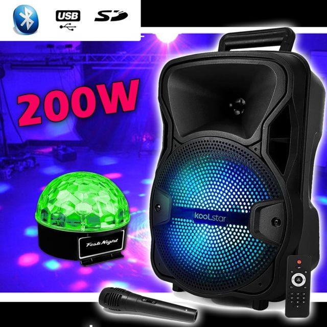Koolstar - Enceinte Enfant SONO DJ SPACER08 Karaoke KOOLSTAR Mobile Batterie 8"" - 200W USB/Bluetooth/SD + Micro + Jeu Light UFO BALL6 - Koolstar