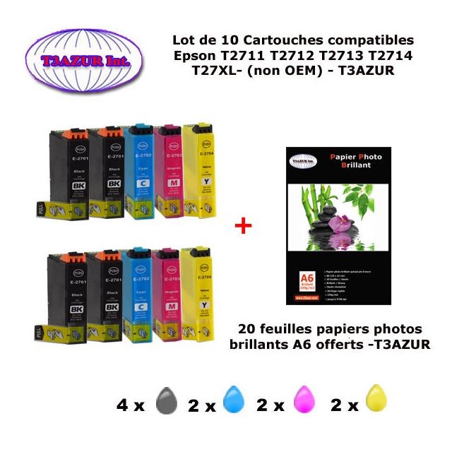 T3Azur - T27XL- 10 cartouches compatibles Epson T2711 T2712 T2713 T2714 pour Epson WF 7715DWF 7720DTWF -20f A6 brillantes -T3AZUR T3Azur  - Cartouche, Toner et Papier