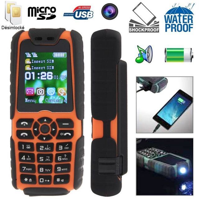 Yonis - Téléphone portable anti-choc tout terrain waterproof lampe Orange - Téléphone Portable