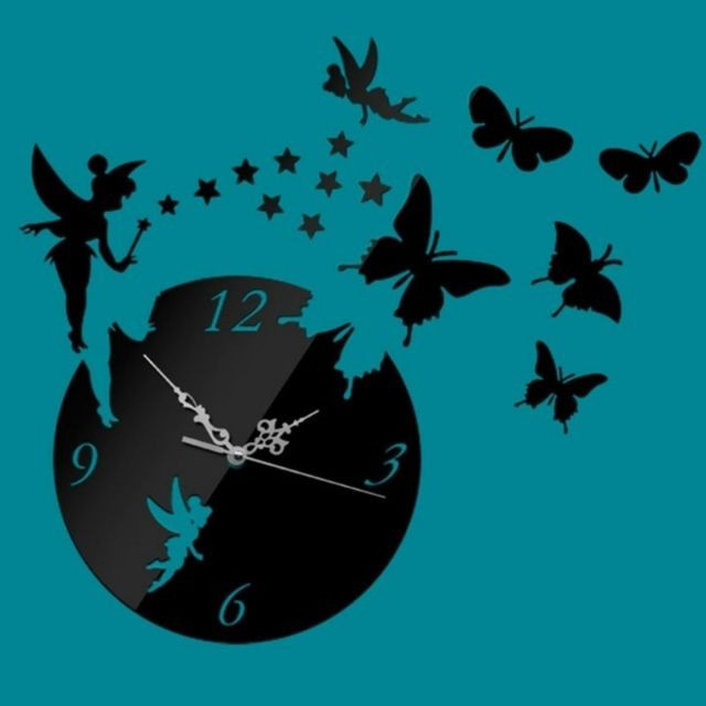 Wewoo - Horloge murale Papillon étoile 3D acrylique stéréo salon chambre décoration miroir noir - Horloges, pendules Bambou et noir