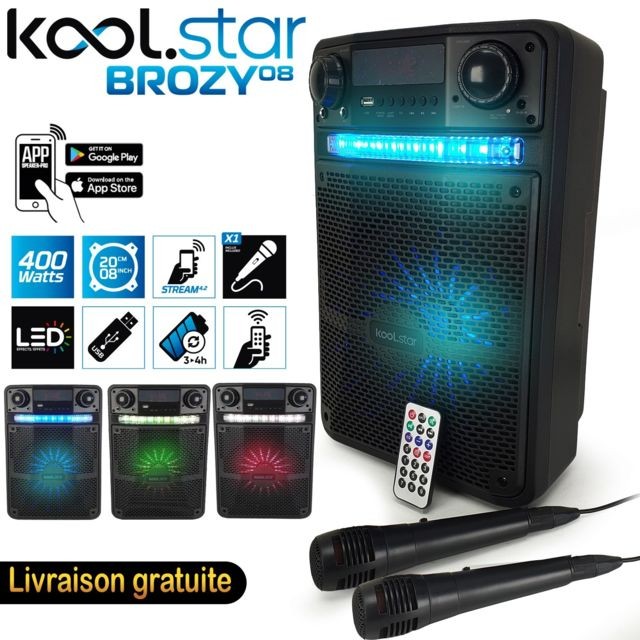 Koolstar - Enceinte Karaoké PARTY 400W Batterie Koolstar AVEC 2 MICROPHONES - BROZY08 à LED + APPLICATION SMARTPHONE USB/Bluetooth/RADIO FM - Koolstar