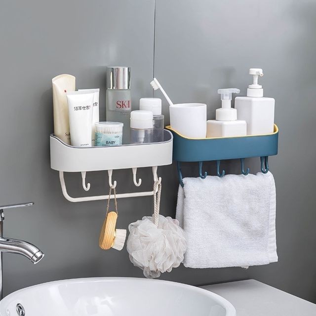 Meubles de salle de bain Support de shampoing pour salle de bain téléphone portable avec étagère murale douche sans forage bleu marine