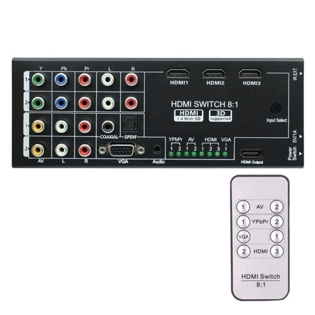Wewoo - Switch HDMI noir 8 entrées à 1-sortie Commutateur d'adaptateur vidéo / audio multifonctions / multi-format avec télécommande, prise en charge YPBPR et signaux AV & VGA HDMI Entrée Sortie HDMI - Câble HDMI
