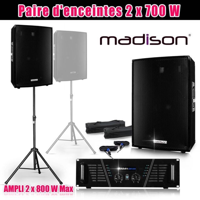 Madison - Pack SONO 2 enceintes 2x700W AMP-1000 Pieds+cables - Equipement DJ