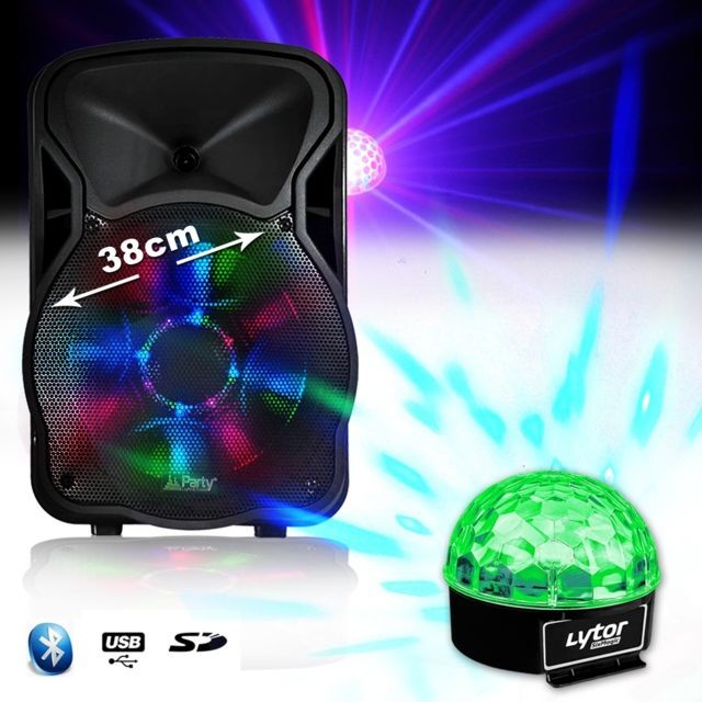 Party Sound - Enceinte PARTYSOUND-15 SOUND mobile 800W 15"" à LEDs RVB - USB/BT/SD/FM + jeu lumière Sixmagic LytOr - Party Sound