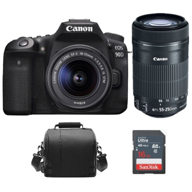 Canon - CANON EOS 90D KIT EF-S 18-55mm F3.5-5.6 IS STM + EF-S 55-250MM F4-5.6 IS STM + Camera Bag + 16GB SD card - Reflex Grand Public