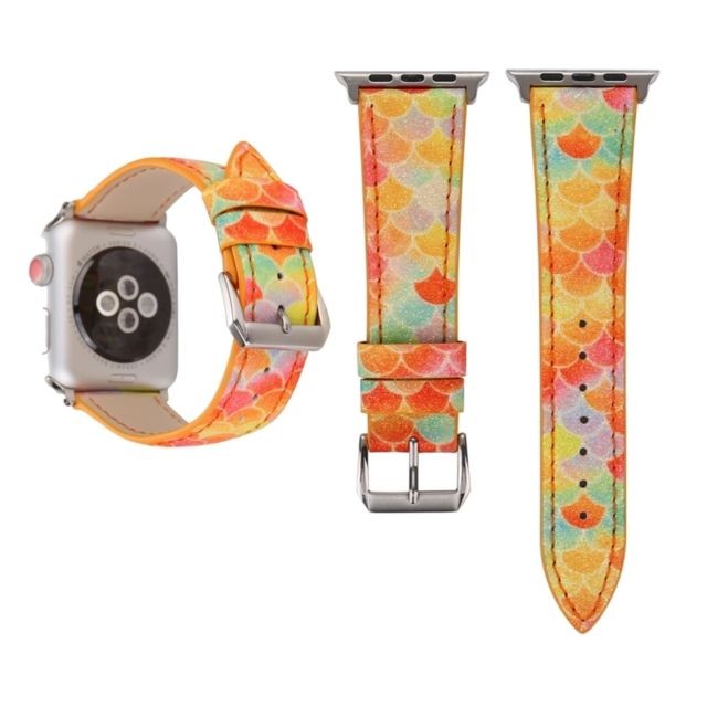 Wewoo - Échelle de poisson en paillettes avec bracelet en cuir véritable avec boucle en acier inoxydable pour Apple Watch séries 3 et 2 et 1 de 38 mm (Orange) Wewoo  - Montre et bracelet connectés