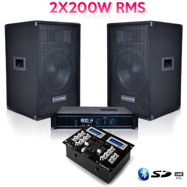 Dune Lighting - Pack Sono PRO 2 enceintes + ampli stéréo 2x200 WRMS + DJM250-BT - Sonorisation