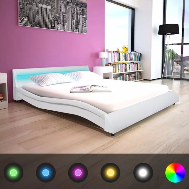 Cadres de lit Vidaxl vidaXL Cadre de lit avec LED Blanc Similicuir 160 x 200 cm