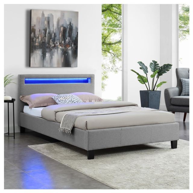 Cadres de lit Lit simple pour adulte MARISELA avec sommier 120x190 cm 1 place et demi 1 personne, tête de lit avec LED intégrées, en tissu gris
