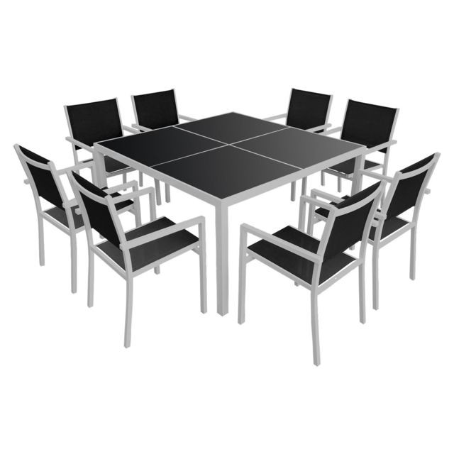 Happy Garden - Salon de jardin CAGLIARI en textilène noir 8 places - aluminium gris - Ensembles tables et chaises