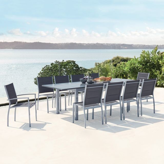 Concept Usine - Arezzo 10 gris : salon de jardin extensible en aluminium + 10 assises en textilène - Ensembles tables et chaises 10 places