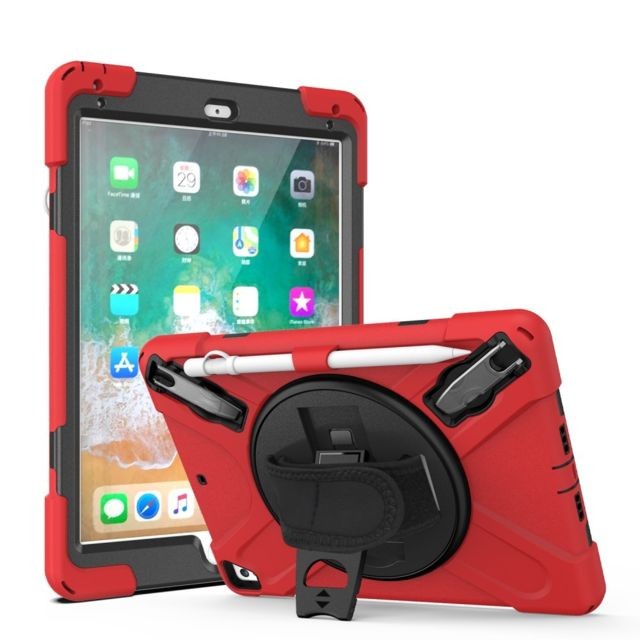 Housse, étui tablette Generic Coque en TPU + Silicone combo avec béquille pivotante à 360° et sangle rouge pour Apple iPad 9.7 pouces (2018)