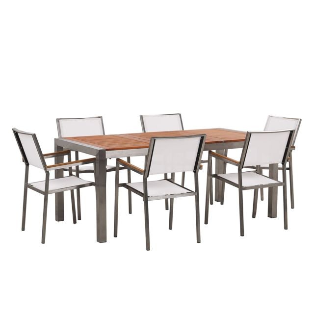 Ensembles tables et chaises Beliani Table de jardin plateau bois eucalyptus 180 cm et 6 chaises blanches GROSSETO