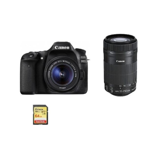 Canon - CANON EOS 80D KIT EF-S 18-55mm F3.5-5.6 IS STM + EF-S 55-250mm F4-5.6 IS STM (White Box) + 64GB SD card - Reflex Numérique