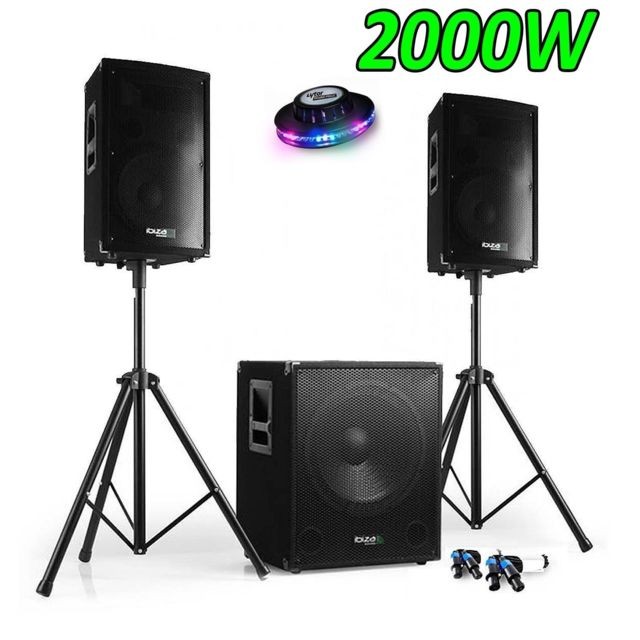 Ibiza Sound - PACK SONO DJ 2000W CUBE 1512 avec CAISSON + ENCENTES + PIEDS + CABLES + RoundMagic - Sonorisation