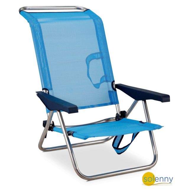 Solenny - Chaise de Plage Lit Pliable Solenny 4 Positions Bleu Dossier Bas avec Accoudoirs 77x60x83 cm Solenny  - Dossier transat bois