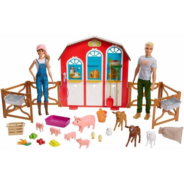 Barbie - Barbie- Ken Coffret Etable Poupées et Figurines Animaux de la Ferme, Jouet pour Enfant, GFF51, Multicolore - Barbie Poupées & Poupons